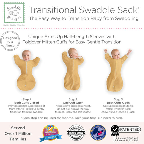 Set, 6-9 4pk, SwaddleDesigns Baby Swaddle Gold, Mo Transitional Swaddle Sack with Arms Up Half-Length Sleeves & Mitten