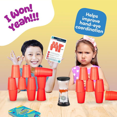 Set 24 18 Gamie Stacking Cups Game for Kids - Includes Cups, Fun Challenging Cards, and Water Timer - Family Games