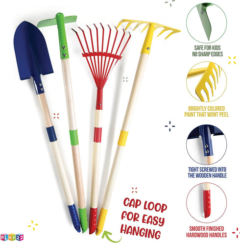 Play22 Set 4-Piece Kids Garden Tool Toy - Shovel, Rake, Hoe, Leaf Rake, Wooden Gardening Tools for Kids Best Outdoor