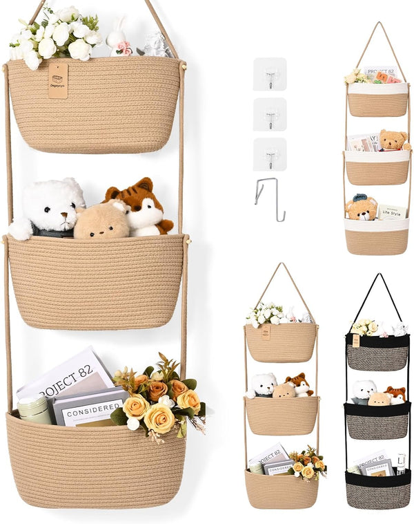 Hanging Basket, 3-Tier Wall Baskets, Over the Door Organizer with 4 Hooks,