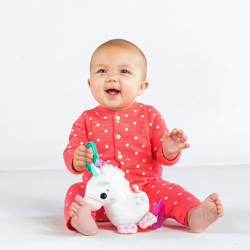0 Bright Starts Unicorn Sparkle & Shine Plush Take-Along Stroller or Carrier Toy, Ages Month+, Pink