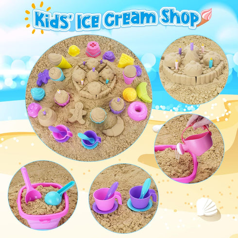 Ice Cream Beach Toys Sand Toys Set for Kids, Collapsible Sand Bucket and Shovels Set with Mesh Bag, Sandbox Toys for