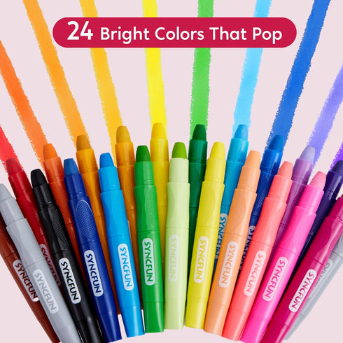 24 3 SYNCFUN Pcs Twistable Silky Crayons, Washable Crayons for Paper, Easy to Hold & Quick-Drying Art Supplies