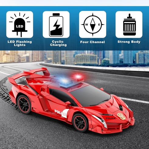 Transform Remote Control Car Robot, 1:18 Scale Police Car with Flashing Light, 360 Degree Rotating Drifting