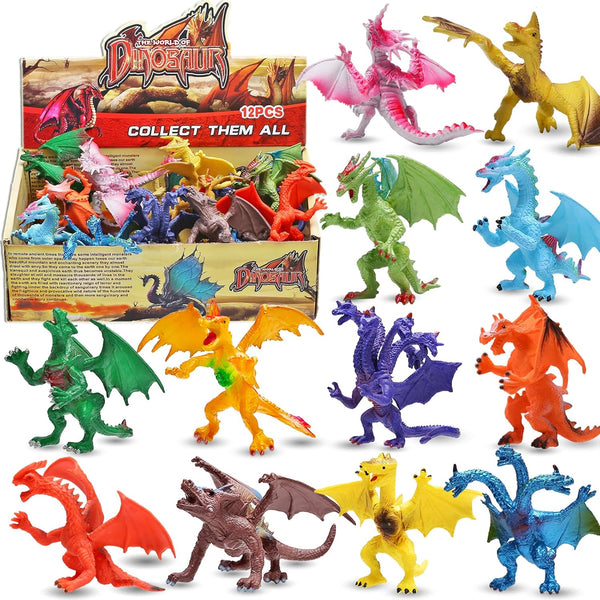 4 Inch Realistic Detail Dragon Toy Set, 12 Pcs Mini Dragon Figures with Gift Box for Kids