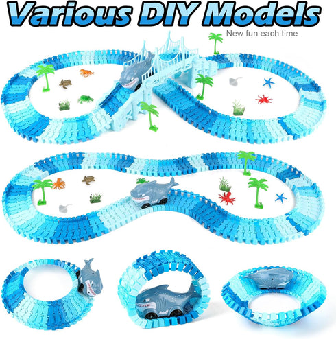 264 Set, 2 Set, 3-9 Coroiesty PCS Shark Race Tracks for Kids Toys, Glow in The Dark Magic Toy Shark Cars Track
