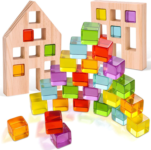 Wooden Building Blocks Set for Kids, 24 PCS Rainbow Gem Cubes Stacking Blocks, Montessori Stacking Toy for Ages 3-6