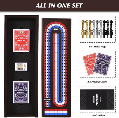 16'' Set 3-Track 2 9 VAMSLOVE Cribbage Board Game Wooden Scoreboard with Large Slots for Storing Playing Cards