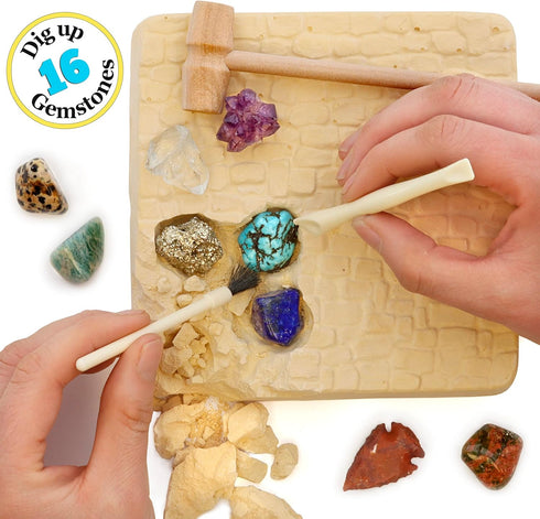DANCING BEAR Gem Dig Kit - Excavate 16 Gems & Crystals, STEM Education Gift Set for Kids
