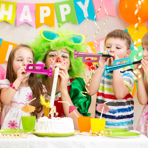 Poen 12 Pcs Mini Metallic Trumpet Musical Instruments, Plastic Noise Makers for Kids Events, Party Favors 7 Inch
