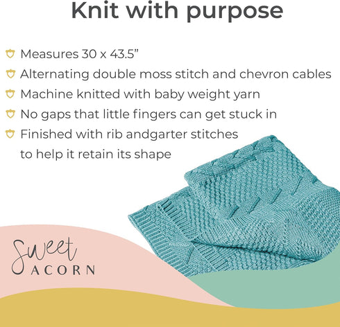 Knit Baby Blanket in Cable Pattern, Organic Cotton Receiving Blankets for Crib or Stroller, Ocean Teal