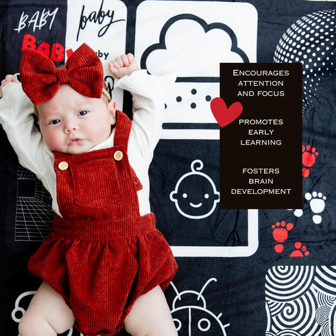 Tummy 50 60 Baby Time Mat High Contrast Black White Red Sensory Play Blanket for Newborn Visual Development, Infant
