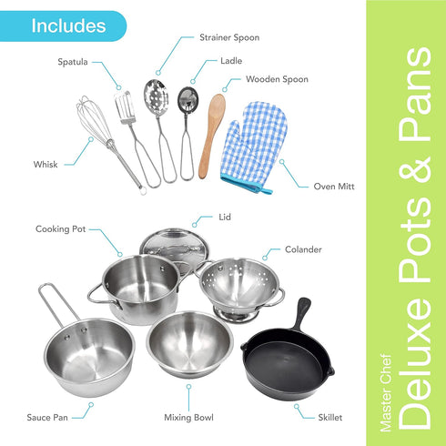 POPOHVER Set 12 Set 3+ Deluxe Pots & Pans - Piece Stainless Steel Play Kitchen - Realistic Looking Cookware