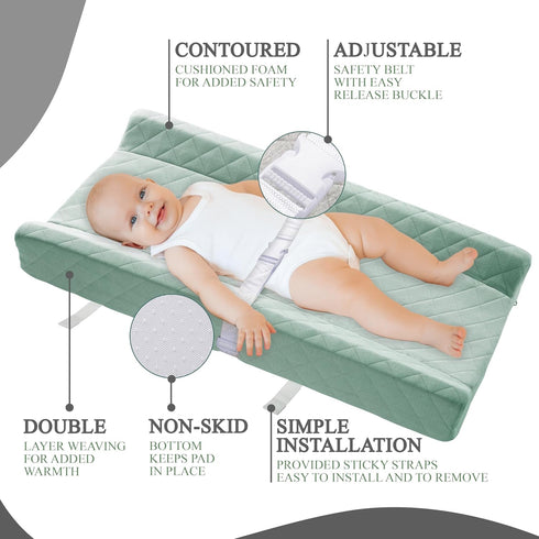 Organic Cotton Contoured Baby Changing Pad with Waterproof Foam Mattress, Soft Removable Cover, Safety Strap