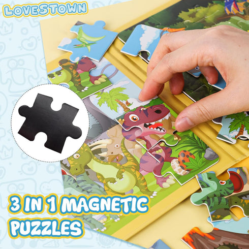 LovesTown Magnetic Travel Puzzles Book - Dinosaur Wooden Magnetic Puzzles for Toddlers Learning