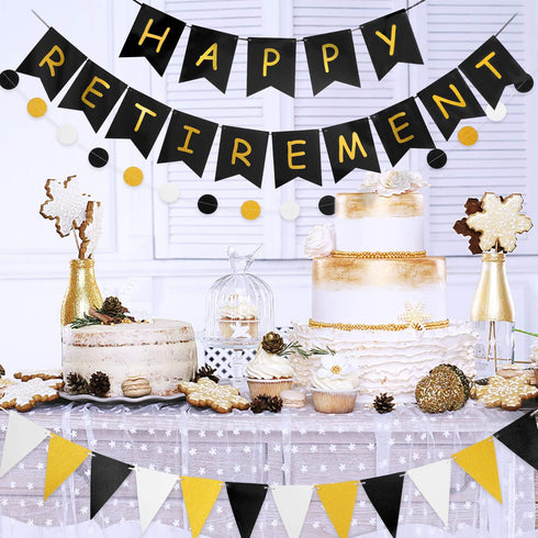 Happy Retirement Banner, GAGAKU Black and Gold Party Decorations Kit, Gold Glitter Paper Pennant for Farewell
