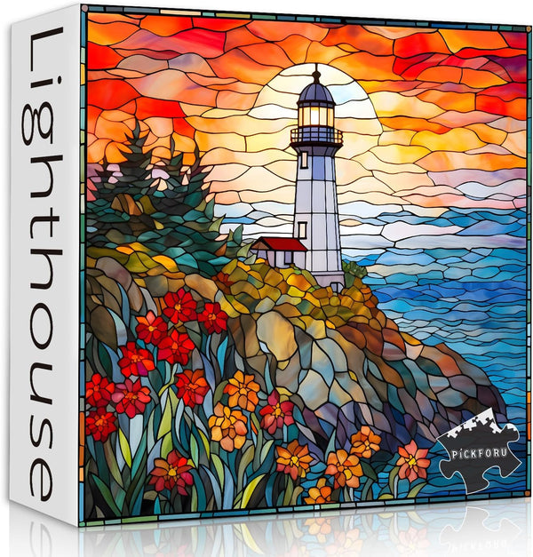 Stained Glass Lighthouse 1000 Piece Puzzles for Adults, Mosaic Beach Scenic Jigsaw