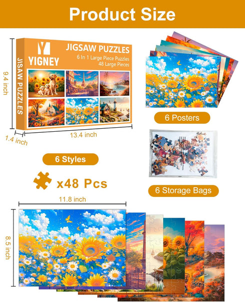 6 Pack 48 Yigney Large Piece Jigsaw Puzzles for Seniors Alzheimer Products for Elderly Dementia Activities Memory Game