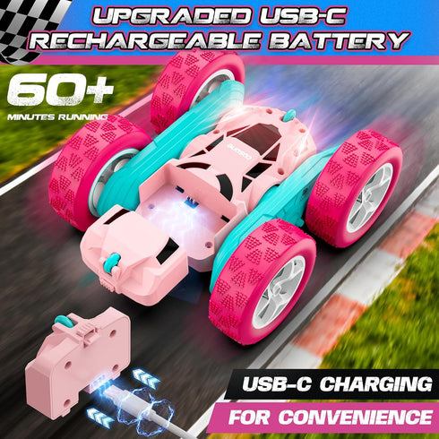 2.4 360 6 7 8 9 10 11 12 cosone RC Cars, Pink Remote Control Car for Girls, GHZ Double Sided RC Stunt Car Rotating