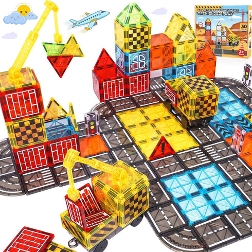 Magnetic Tiles Kids Construction Toys - Road Set with Magnet Crane for Boys Age 3-10, Building Blocks Expansion Pack