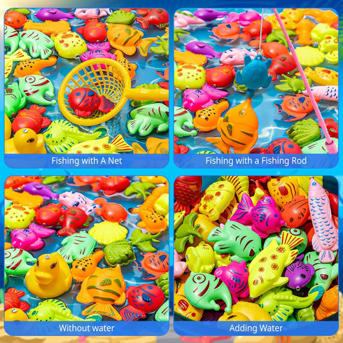 LHSYFBZ 62Pcs 4-8 Magnetic Fishing Game for Kids, Bathtub Kiddie Party Toy, Plastic Floating Fish with Pole Rod Net