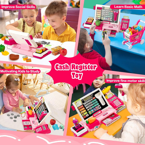 Kids Cash Register Toy with Shopping Cart - Toddler Pretend Play Store Cashier Register with Music and Calculator