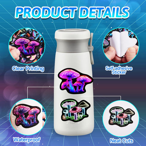 50 Pack Pcs Neon Mushroom Stickers for Kids, Waterproof Vinyl Vegetation Decals for Water Bottle Laptop, Teens Girls