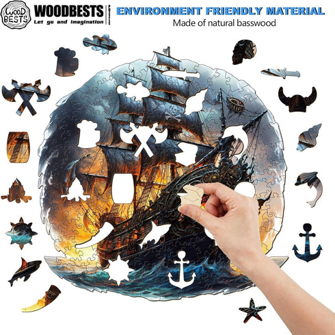 WOODBESTS Wooden Puzzle for Adults, Sailing Ship Puzzle (L, 300pcs, 13.8"x13.6") Unique Shape Jigsaw Puzzles