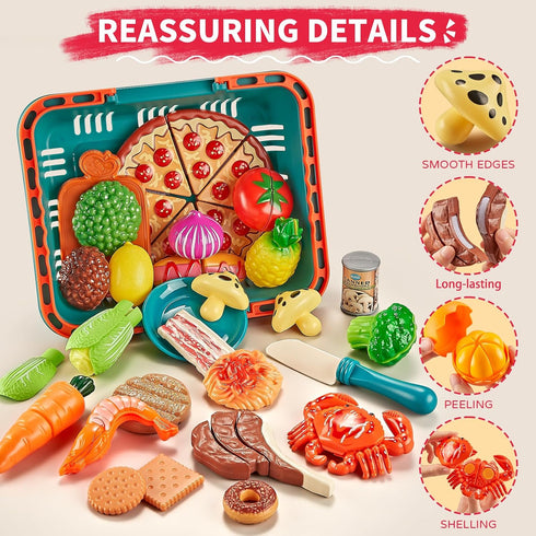 Sets Kitchen-80PC 2 Play Food for Kids Pretend Food with Kids Picnic Basket, Toy Food with Pizza Toy, Plastic Food
