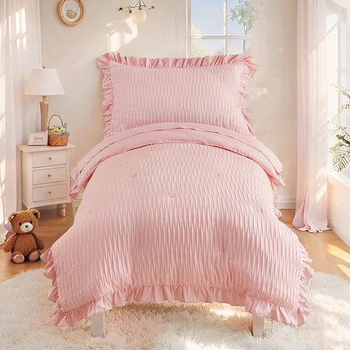 Cozyholy 4 Set Set Set Piece Textured Seersucker Toddler Bedding Girls Crib Sheets Pink Ruffle Baby Bed Comforter