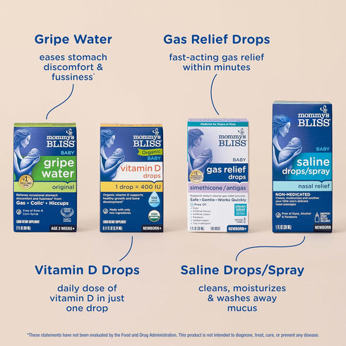 Mommy's 4-Piece 400IU, Bliss Newborn and Baby Essentials Kit - With Gripe Water, Gas Relief Drops, Vitamin D and Saline