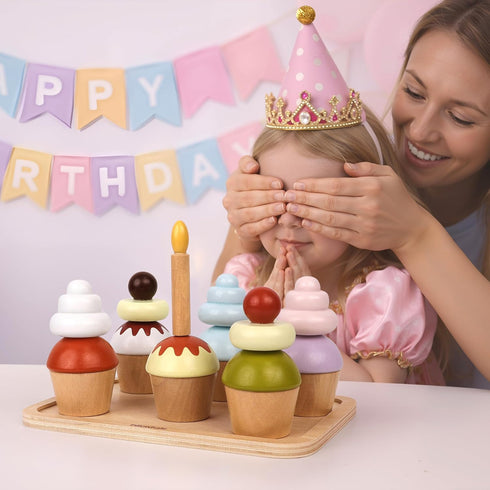 Set, 21 Set 3+ Pillowhale Wooden Cupcake Play Food Pcs Pretend Baking Toys with Interchangeable Toppings & Piping Bag