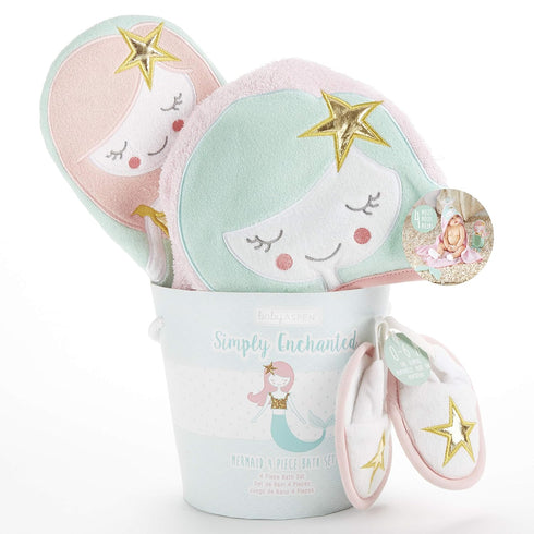 Baby Aspen Simply Enchanted Mermaid 4 Piece Bathtime Gift Set, Pink/Mint/Gold/White, 0-6
