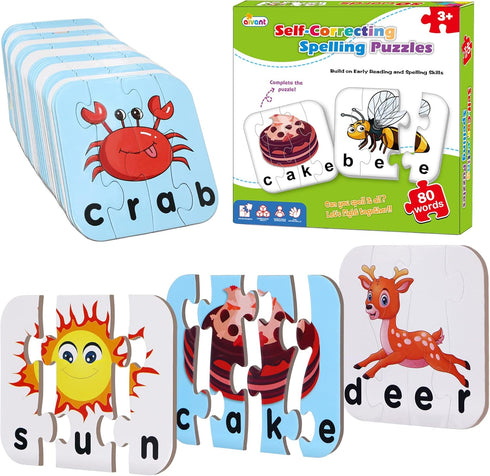 80 Words Self-Correcting Spelling Puzzles, Double-Sided Three and Four Letter Words for Preschool Learning