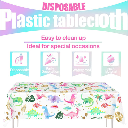 Girl Dinosaur Birthday Party Tablecloth, Pink Plastic Disposable Table Cover for 54'' x 108'' Party Supplies