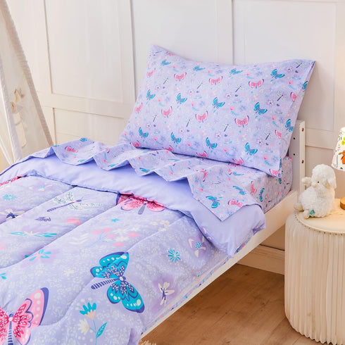 lasoftan Set 4 Sets, Set Set Butterfly Toddler Bedding for Girls, Piece Bed-in-a-Bag Toddler Comforter Super Soft