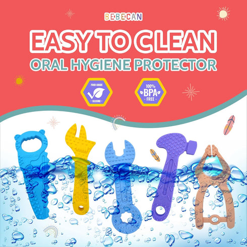 Teething Tools Teether for Baby - 5 Premium Silicone Baby Teething Toys with 2 Straps and Travel Bag