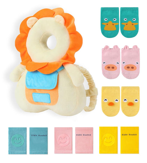 JunNeng Baby Head Protector Backpack with Squeaker, Knee Pads, Anti-Slip Socks, Yellow