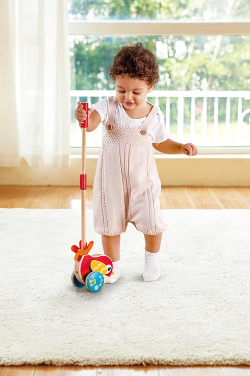 22.05 Inch Hape Lilly Musical Push Along | Wooden Push Along Baby Walking Bird, Playful Kids Toy with Detachable Stick