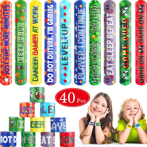 Blulu 40 Pcs Video Game Slap Bracelets, Pixelated Party Wristbands, Snap Bracelets for Kids, Gamer Birthday Party