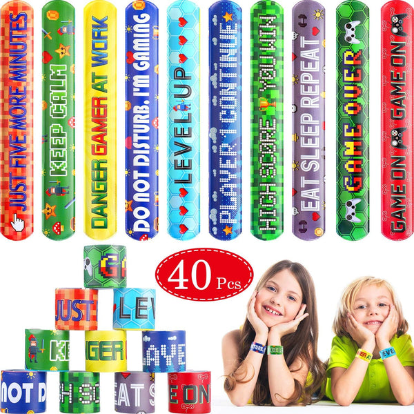 Blulu 40 Pcs Video Game Slap Bracelets, Pixelated Party Wristbands, Snap Bracelets for Kids, Gamer Birthday Party