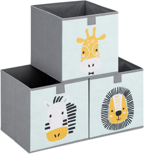 Navaris Kids Storage Cubes Set of 3, 11x11x11 Fabric Organizer Bin with Animal Designs in Mint Green