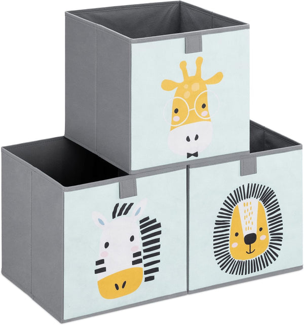Navaris Kids Storage Cubes Set of 3, 11x11x11 Fabric Organizer Bin with Animal Designs in Mint Green