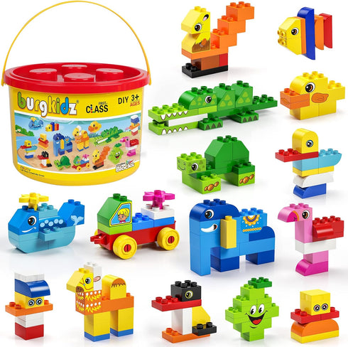 burgkidz Educational Toy Classic Big Size Bricks, Large Animal Building Blocks with Reusable Storage Bucket for Ages 3+