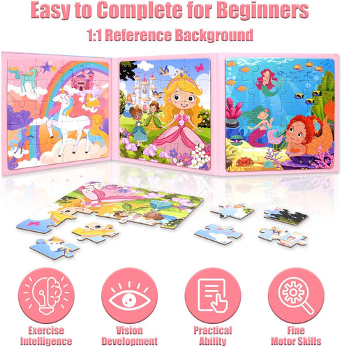 3-5, 3-in-1 4-6, Magnetic Puzzles for Kids Princess Unicorn Mermaid Travel Puzzles for Kids Ages Car Airplane Road Trip