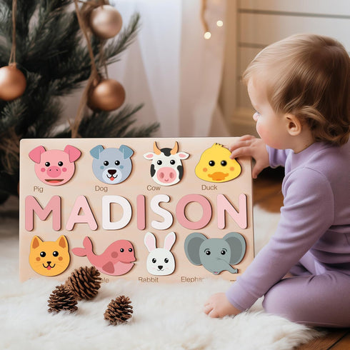 1-3 1st Zuzu Puzzle Personalized Name Puzzle for Toddlers with Animals, Handmade Learning Toy, CPC Certified, Keepsake