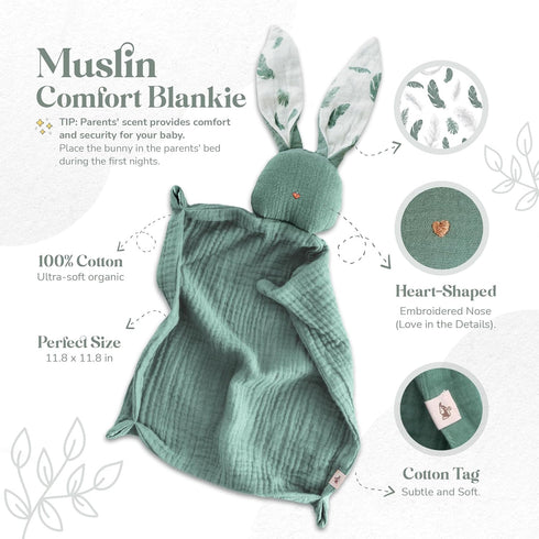 Mikito Organic Cotton Newborn Gift Box, Unisex Baby Gifts Including Muslin Lovey Comforter, Bandana Bib, Wooden Teether