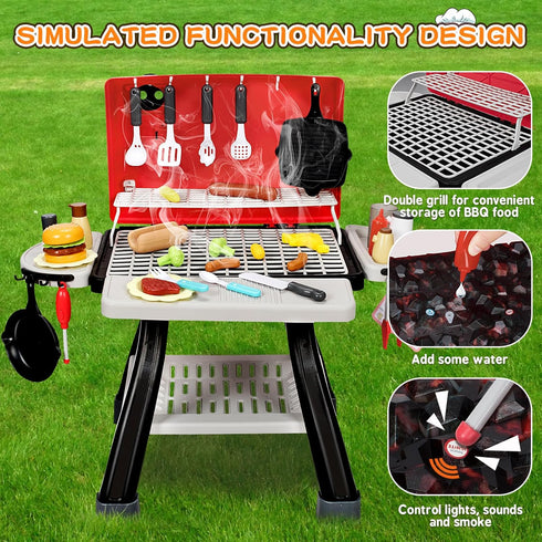 Kids BBQ Grill Kitchen Playset - 2-Layer Barbecue Outdoor Play Grill Toy with Smoke, Sound & Light for Toddler Boys