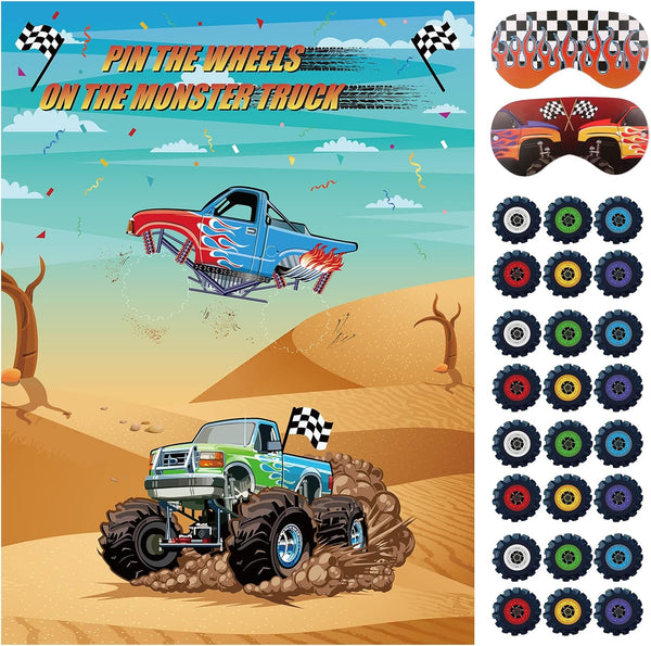 Eaezerav Pin the Wheels on the Truck Game, Monster Truck Poster, 36 Tyres Stickers, 2 Blindfolds for Car Theme Birthday