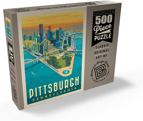 MyPuzzle Pittsburgh, PA Vintage Poster, Bird's Eye View, Premium 500 Piece Jigsaw Puzzle